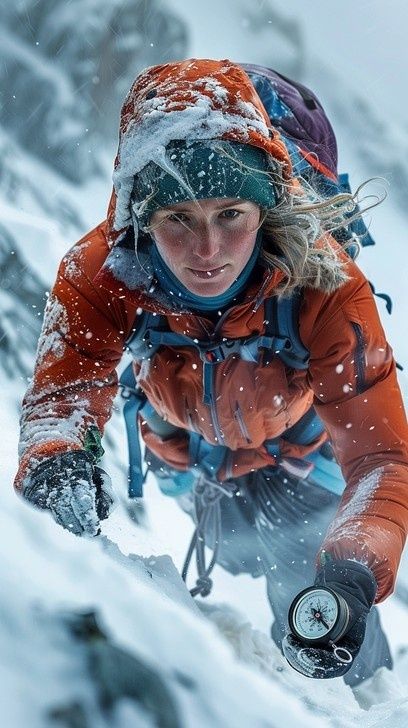 Bergsteigerin mit Kompass im verschneiten, steilen Gelände